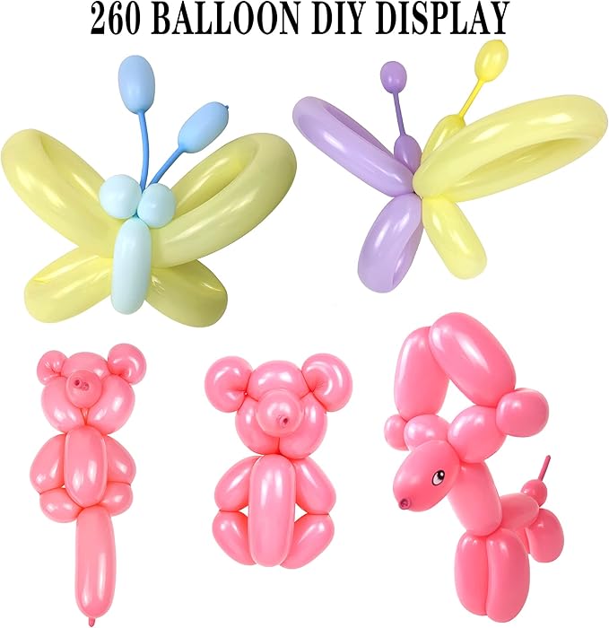 260 Balloons with Pump, Premium Long Latex Twisting Balloons animal kit, Birthday Gifts for Girls and Boys Arts and Crafts Pastel Color 100Pcs