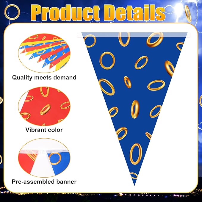 Hestya 5 Pcs 49 Ft Blue with Gold Ring Pennant Banner, Cartoon Themed Birthday Party Decor Video Games Triangle Flag Bunting Garland for Baby Shower Birthday Supplies