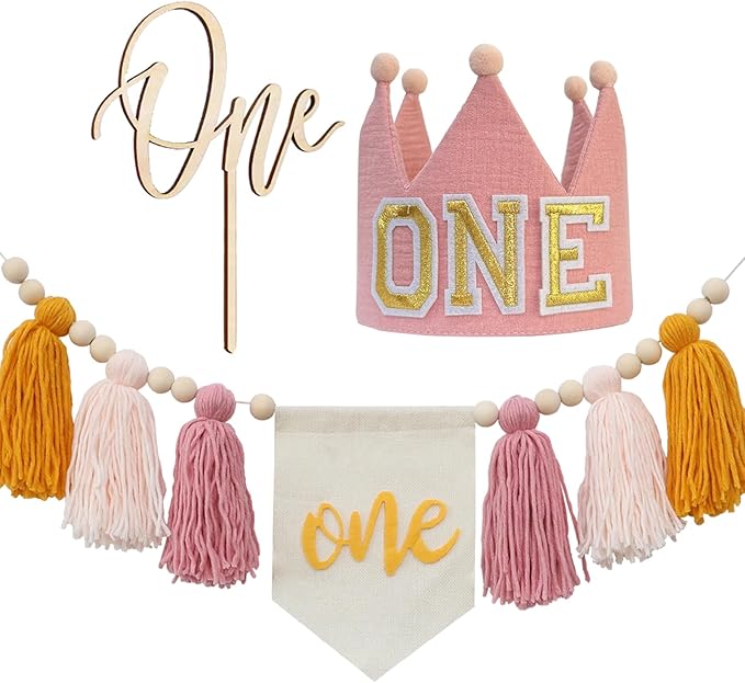 Baby Girls Pink Yellow 1st High Chair Banner Wood Bead Tassel Garland Crown Hat Wooden Cake Topper Birthday Party Decorations