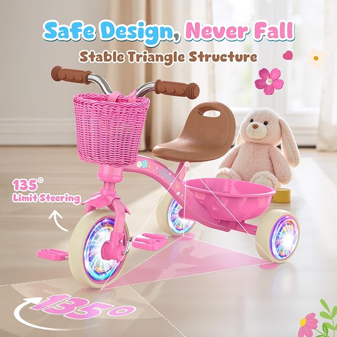 Toddler Tricycle for 1-3 3-5 Year Olds, 2 3 4 5 Year Old Girl Birthday Gifts, Pink Toddler Baby Bike, Outdoor Riding Toys for Ages 2-4, 4-Level Adjustable Seat, 3 Color Light Wheels, 2 Baskets