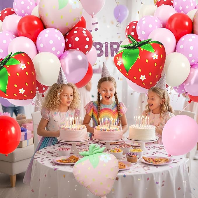 Strawberry Balloon, 12 Inch Strawberry's Party Decorations with Red Pink Ivory White Polka Dots Balloons Strawberry Foil Balloon for Sweet One Berry First Birthday Cake Party Supplies
