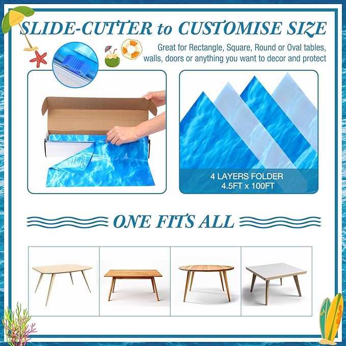 Irenare 1 Roll Ocean Waves Plastic Tablecloth 54 Inch X 100ft Ocean Table Cover Water Print Table Cover Sea Tablecloth Blue for Beach Pool Birthday Party Decoration Shower Supplies