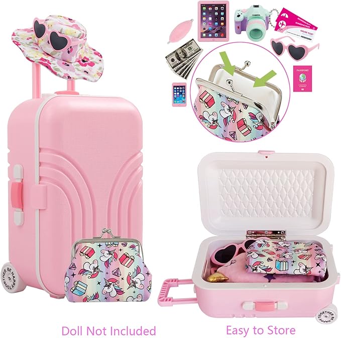 18 Inch Doll Suitcase Travel Luggage Play Accessories, Doll Clothes Accessories Carrier Storage Set, Case, Hat, Sunglasses, Camera, Pillow, Toy Pet