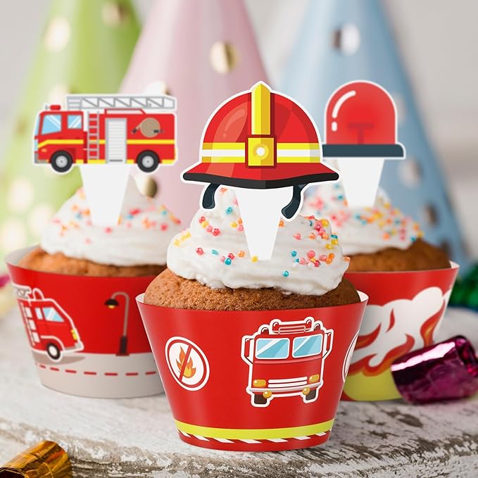 48 Pack Fire Truck Cupcake Toppers and Wrappers, Firefighter Fireman Party Cake Decoration for Firefighting Theme Birthday Party Baby Shower Supplies