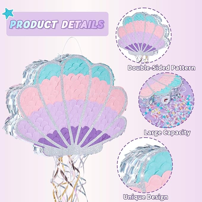 Wernnsai Mermaid Seashell Piñata - Pink Shellfish Piñatas for Kids Girls Birthday Mermaid Princess Party Decorations Under The Sea Ocean Theme Party Games With Bat Blindfold 16“ x 12.5" x 3"