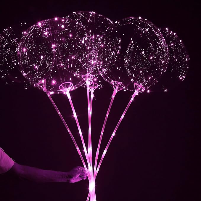 LED Balloons Light Up, 10 Pack LED Balloons with Sticks, 20 Inch Clear Bobo Balloon with Lights Helium Glow Bubble Lights for Party Supplies Valentines Decor (Pink)