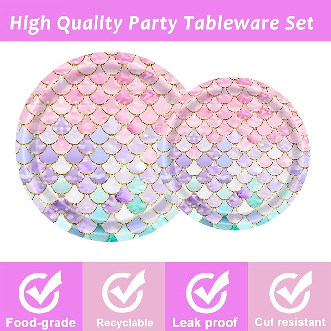 Dixutzi 96 Pcs Mermaid Birthday Party Decorations, Mermaid Party Supplies Including Paper Plate, Napkin and Fork, Ocean Theme Decor Tableware Set for Birthday, Serves 24