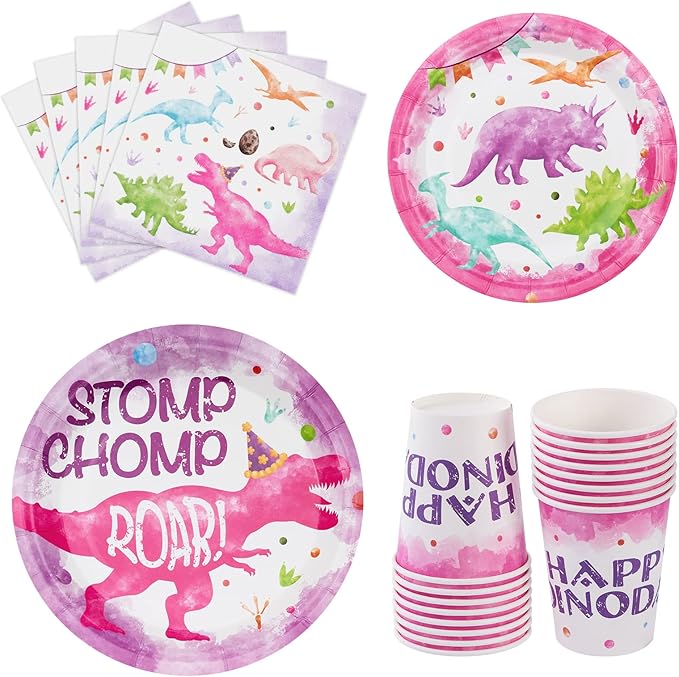 WERNNSAI Pink Dinosaur Birthday Decorations - 64 PCS Dinosaur Plates Napkins Cups Girl Dino Party Decorations Dino Paper Plates for Kids Girls Birthday Baby Shower Serves 16 Guests