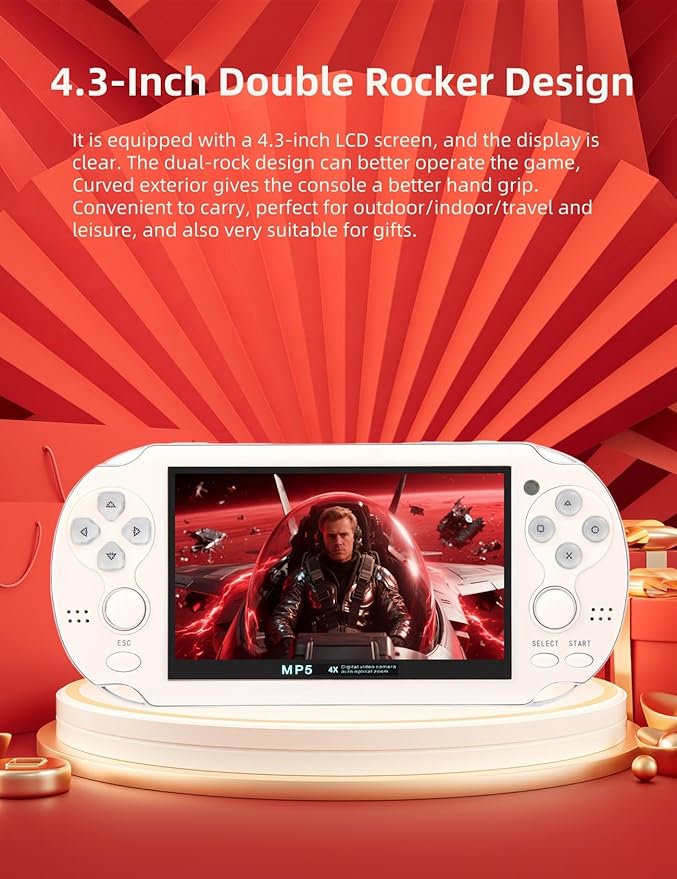 4.3-inch Dual-Rock Video Game Console Curved Appearance Built-in Multi-Simulator Portable Handheld Retro Game Supports Video/Music Playback Khildren's Toys Birthday (Black)