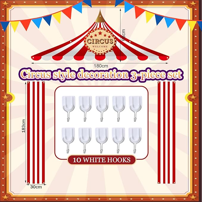 Preboun 3 Pcs Circus Tent Decorations Carnival Circus Theme Party Decorations Carnival Tent Banner Striped Pennant for Clown Theme Birthday Party Classroom Supply