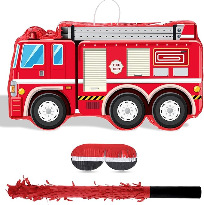 Fire Truck Piñata with Hanging Loop Blindfold Bat and Confetti Filler for Kids Boys Firefighter Firetruck Theme Birthday Party Decorations Supplies, 16.14 x 8.9 x 3.15 Inches