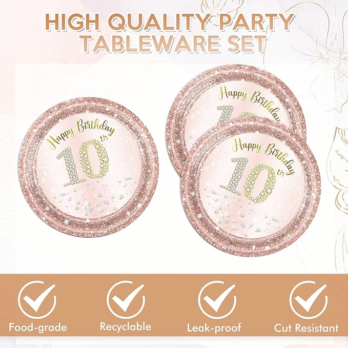 40PCS 10th Birthday Decorations for Happy 10 Years Party Tableware Set Including 10th Birthday Party Plates and Napkins,Rose Gold 10 Years Old Table Decor for Girls Pink Rose Gold Party Supplies