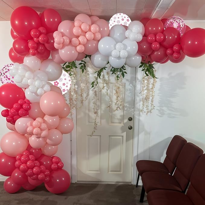Hot Pink Balloons, 50Pcs 12 Inch Macaron Metallic Pink White Flower-Printed Magenta Confetti Birthday Balloons for Girls Women Birthday Princess Theme Party Decorations Bridal Baby Shower Wedding