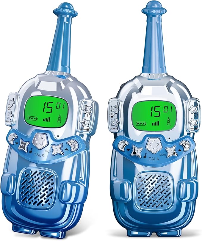 Mini Robot Kids Walkie Talkies 2 Pack,Walkie Talkies for Kids with Backlit LCD Flashlight,3-12 Year Boy Girl Gift,Birthday Christmas Toy Gift,3 KM Range for Camping, Hiking,Outdoor Play (Blue)