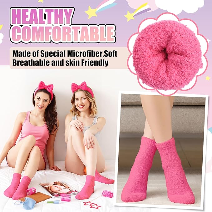 48 Pcs Spa Sleepover Party Supplies 12 Bow Headband 12 Plush Sleep Eye Mask Covers 12 Pair Fuzzy Sock 12 Gift Bags for Sleeping Sleepover Slumber Baby Shower Wedding Party Gift(Rose Red)