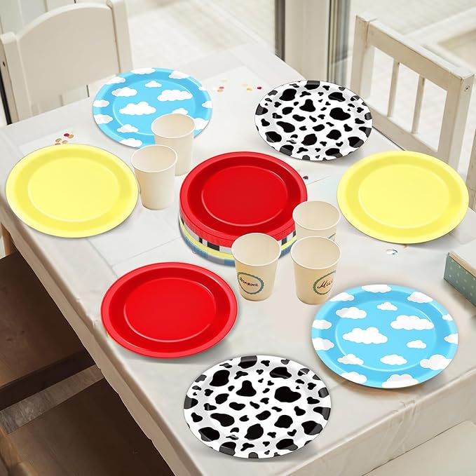 48Pcs Cartoon Story Birthday Party Paper Plates for Toy Inspire Game Story Table Supplies 7" Cow Print Sky Blue Cloud Disposable Dessert Tableware for Kids Birthday Baby Shower Party Decorations