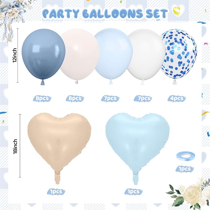 Dusty Blue Balloons, 12Inch Retro Ice Mist Blue Sand White Boho Balloon with Heart Foil Balloons for Netural Gender Reveal Bridal Birthday Wedding Party Decorations