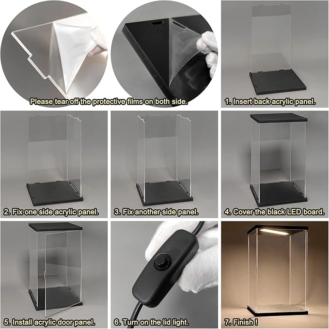 Acrylic Display Case for Collectibles, Action Figures & Trophies, Black Base Solid Yellow Light, 11.8×11.8×15.8 Inch