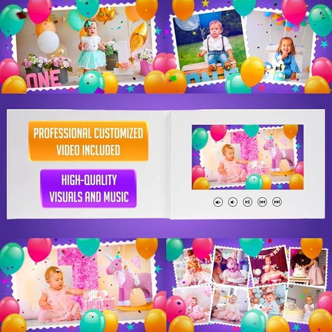 Custom Video Greeting Card for Baby’s Birthday – Personalized Photo Slideshow – Adorable Keepsake for Kids – 7” LCD Screen, 4GB Storage, USB Charging, Gift-Ready Packaging