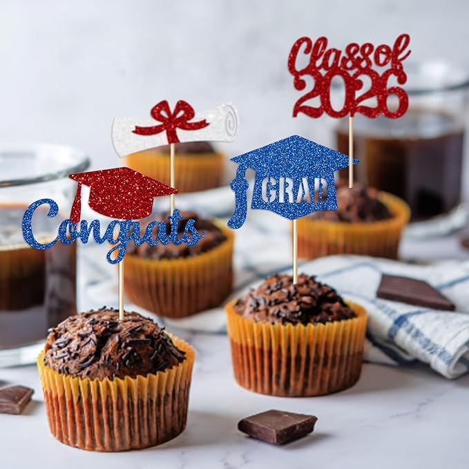 Red and Blue Graduation Cupcake Toppers Decorations Class of 2026 Cupcake Topper Graduation Cup Cake Picks Congrats Grad Party Decor Supplies Set of 24