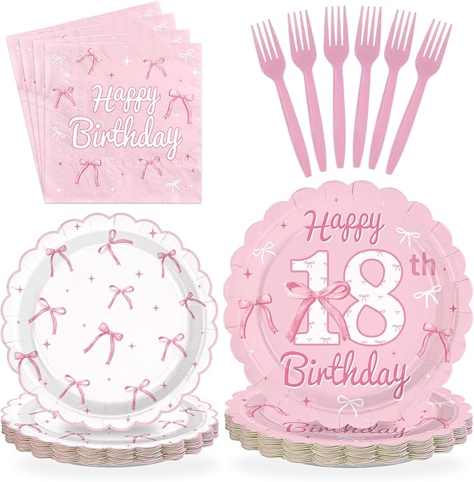 96Pcs Pink Bow Party Supplies Coquette 18th Birthday Party Plates and Napkins Disposable Bow Themed Tableware Set for Girl Happy 18th Birthday Baby Shower Decorations, Serves 24