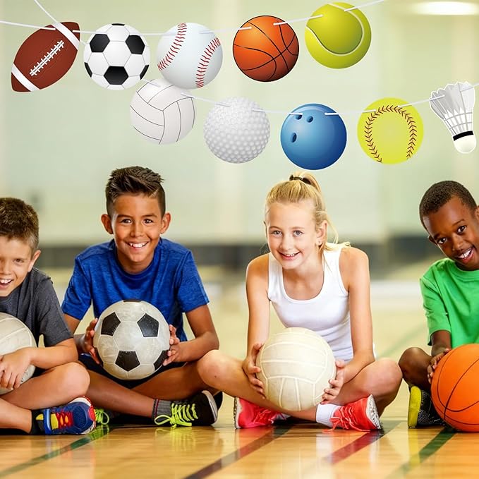 Hooqict Sports Themed Party Decorations Happy Birthday Banner Baseball Football Basketball Golf Soccer Volleyball Softball Party Banner Garland Sign for Sports Birthday Party Decorations Supplies