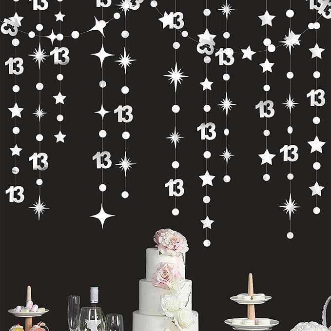 Silver 13th Birthday Decorations Number 13 Circle Dot Twinkle Star Garland Metallic Hanging Streamer Bunting Banner Backdrop Girls Boys 13 Years Old Birthday Thirteen Official Teenager Party Supplies