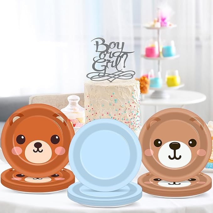 60PCS Blue Bear Birthday Party Plates Dusty Blue and Brown Disposable Paper Dessert Plates for Bears Themed Birthday Decorations Party Tableware Set for Gender Reveal Baby Shower Parties Supplies