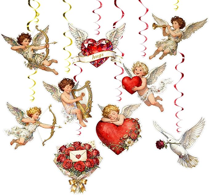 Valentine's Cupid Party Streamers, 48 PCS Romantic Hanging Swirl Decorations - Angel, Heart & Rose Motifs for Valentine's Day, Weddings & Anniversary Parties