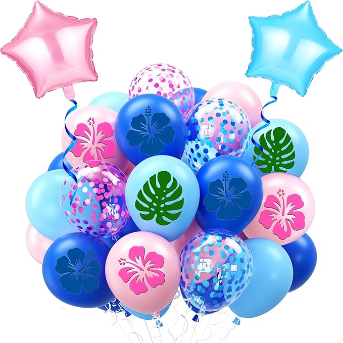 Blue Pink Light Blue Balloon 54Pcs 12 Inch，Cute Print Balloons for Cartoon Themed Birthday Party Decorations Boys Girls Hawaiian Gatherings Party Supplies
