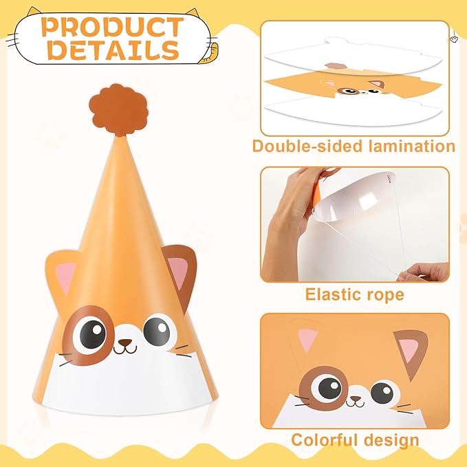 24 PCS Cat Birthday Party Decoration for Kids Cute Kitten Themed Party Cone Hats Cat Theme Cone Hats Kids Birthday Headwear for Boys and Girls Cosplay Dress Up Kitten Themed Supplies，6 Designs