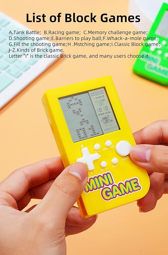 JXD Mini Puzzle Block Game Console Built-in 26 Retro Brick Games Travel/Indoor/Outdoor Leisure Handheld Game Console Portable Electronic Games Children/Students/Teens Toys (Yellow)