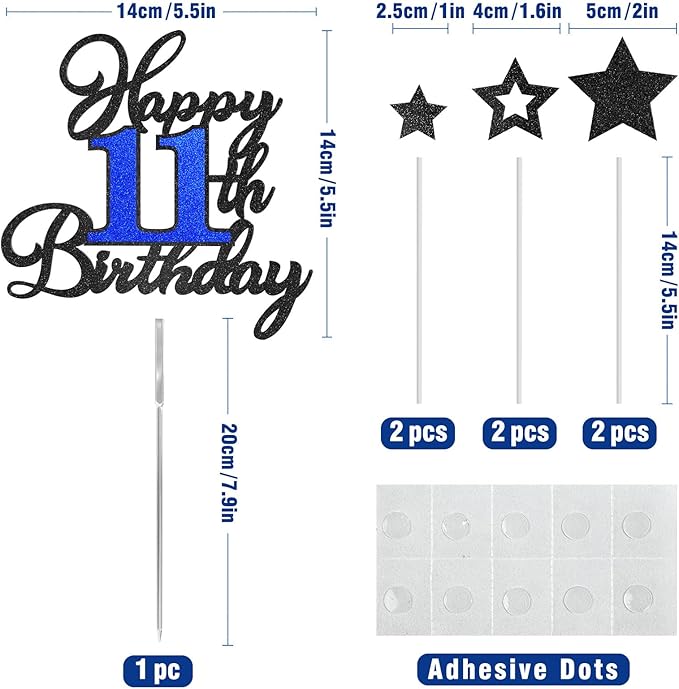 11th Birthday Cake Topper, Black Blue Happy 11th Birthday Cake Toppers for Boy Girl, 11 Years Old Birthday Party Supplies, Glitter Cake Decor, 11th Birthday Cake Decorations