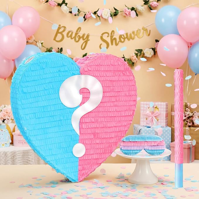 17 Inches Gender Reveal Piñata Pink Blue Large Valentine's Sweetheart Heart-shaped Piñata with Stick Blindfold Baby Shower Gender Reveal Valentine's Day Party Decor Romantic Events