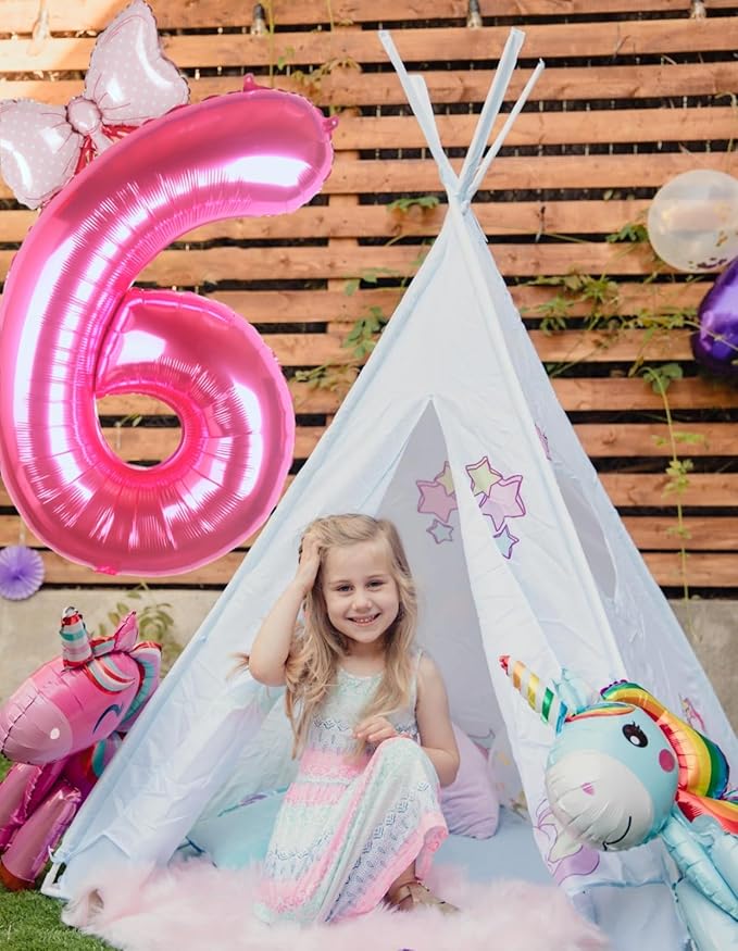40 Inch Pink Number 6 Balloon with Mini Bow Balloon for Girls 6th Birthday Decorations, Pink Princess Western Cowgirl Theme Birthday Party Balloons Decorations Supplies