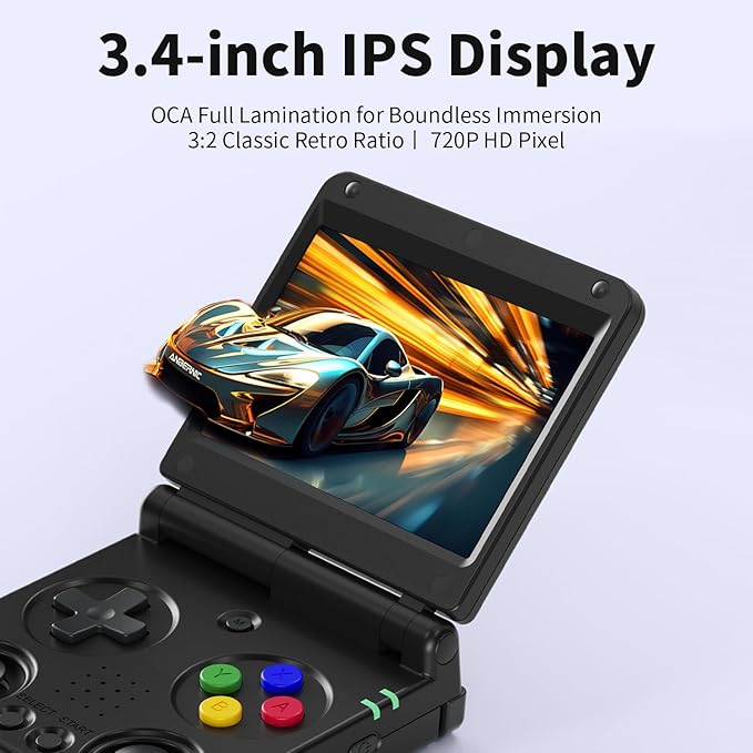 Doriteney Flip Retro Handeld Video Game Console 3.4" IPS Screen 64GB TF Card Preload Electronic Games, Support WiFi Bluetooth HD Black Flip