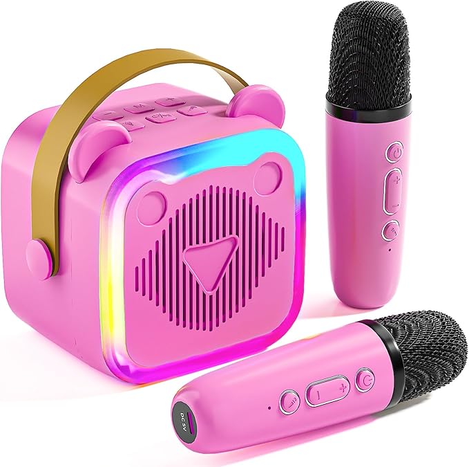 Mini Karaoke Machine for Kids: Portable Singing Toys Speaker with 2 Wireless Microphones for Girls and Boys Ages 3-12+ Years Old（Rose-red）