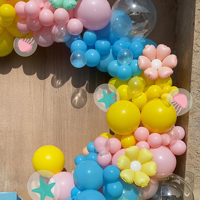 Blue and Yellow Balloons, 50Pcs 12 Inch Macaron Pink Blue Teal Yellow Metallic Green Clear Balloons for Boys Girls Ocean Birthday Beach Party Decorations Sea Baby Shower Supplies