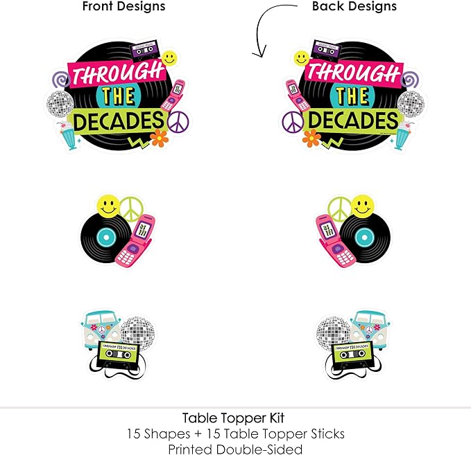 Big Dot of Happiness Through the Decades - 50s, 60s, 70s, 80s, and 90s Party Centerpiece Sticks - Table Toppers - Set of 15
