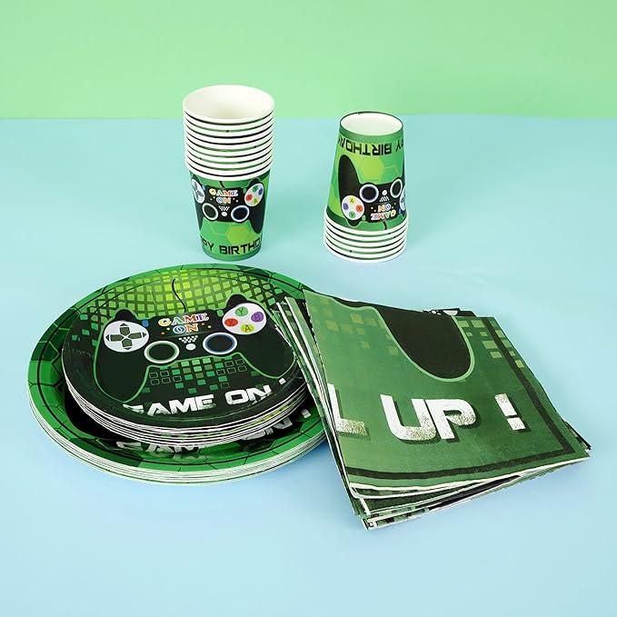 WERNNSAI Video Game Birthday Decorations - 64 PCS Game Plates Napkins and Cups Gaming Birthday Plates for Boys Gamer On Level Up Party Supplies for Gaming Theme Baby Shower Birth Anniversary Parties