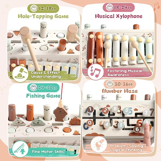 Fajiabao Wooden Montessori Toys for 1 Year Old Boy 4 in 1 Toddler Learning Toys with Number Maze, Pounding Bench, Xylophone, Fishing Game Baby Sensory Toys Birthday Gifts for 1+ Year Old Boys & Girls