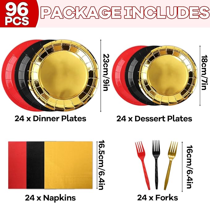96PCS Red Black and Gold Paper Plates Napkins and Forks Black Red Metallic Gold Birthday Party Disposable Supplies Casino Theme Tableware Set for Poker Las Vegas Game Movie Night Party Decorations