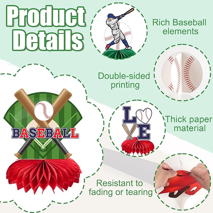 kockuu 12 Pcs Baseball Centerpieces for Party Table Decorations, Double-sided Baseball Honeycomb for Birthday Sports Theme Decor Supplies Favors