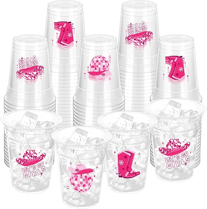 100 Pcs Pink Cowgirl Disco Plastic Cups, 12 oz Western Cowgirl Plastic Cups Clear Disposable Western Cowgirl Party Cups for Cowgirl Birthday Party Baby Shower Last Rodeo Party Supplies