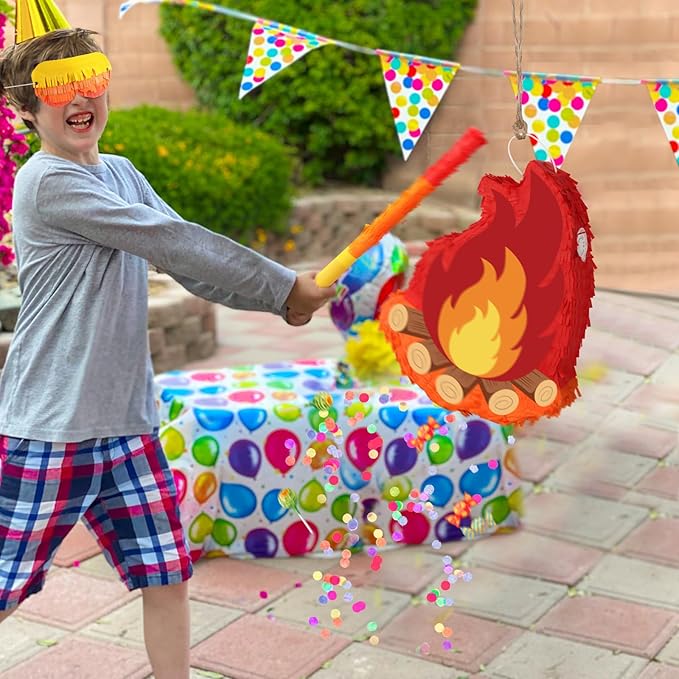 Camping Campfire Pinata with Stick and Blindfold Fake Flame Pinata for Boys Girls Kids Christmas Birthday Party Supplies Camping Adventure Party Photo Props Decorations