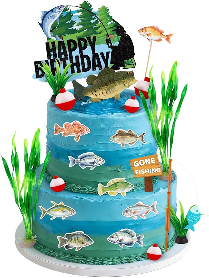 Hooqict 22Pcs Fishing Cake Decorations Set with Mini Bass Happy Birthday Cake Toppers & Fish Cupcake Toppers for Fisherman Gone Fishing Birthday Party Decorations Retirement Party Supplies Fathers Day