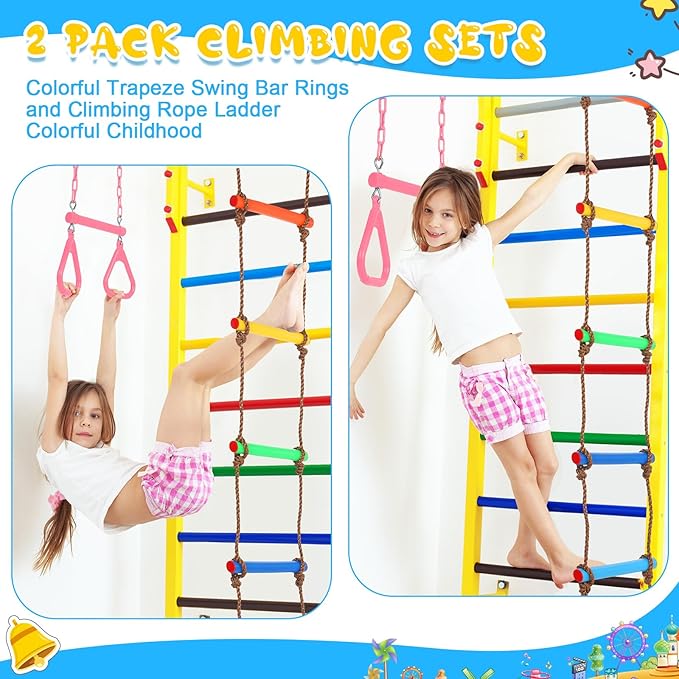 ShinyRelief 2 Pack Gym Swing Sets 48'' Trapeze Swing Bar Monkey Bar Heavy Duty Chain with Locking 6.8ft Climbing Rope Ladder Climbing Game for Accessories Tree House Playground Outdoor Play (Pink)