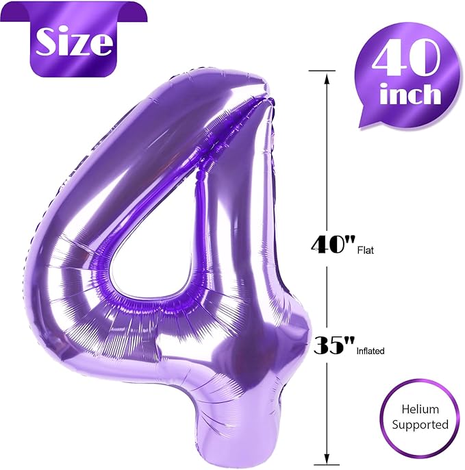 Purple 4 Balloon, Number Balloon 40 Inch, 4th Purple Party Decorations, Four Large Numbers for Party Decor, Number 4 Balloon