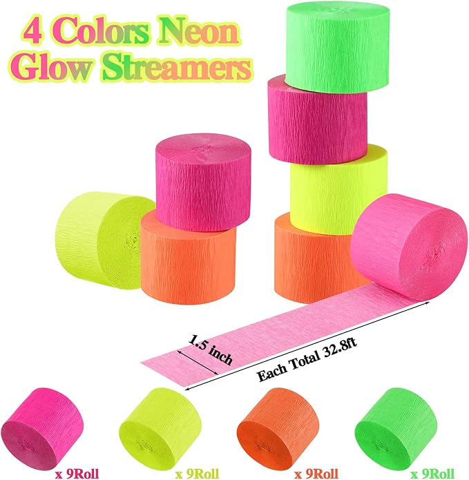 Outus 1181 Feet Glow in The Dark Party Supplies Streamers 36 Rolls Glow Crepe Paper Rolls Neon UV Backlight Reactive Fluorescent Paper Streamer for Easter Carnival 80s Party Favors Decorations