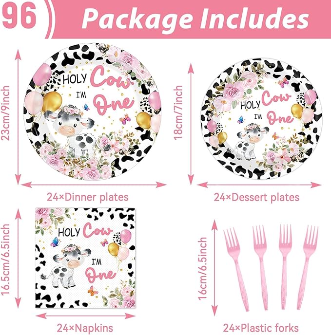 gisgfim 96Pcs Holy Cow I'm One Party Supplies Pink Cow Print Paper Plates Napkins Floral Cows First Birthday Party Tableware Set Dinnerware for Girl 1st Birthday Table Dinner Decoration Serve 24